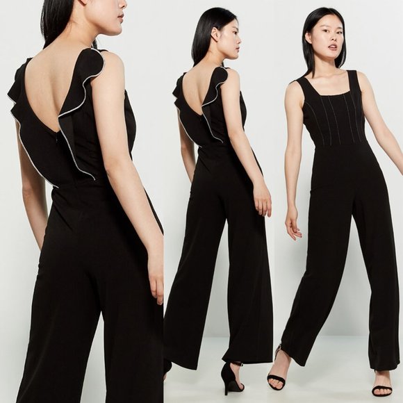bebe Pants - NEW bebe Black Topstitch Corset Ruffle Jumpsuit 6
